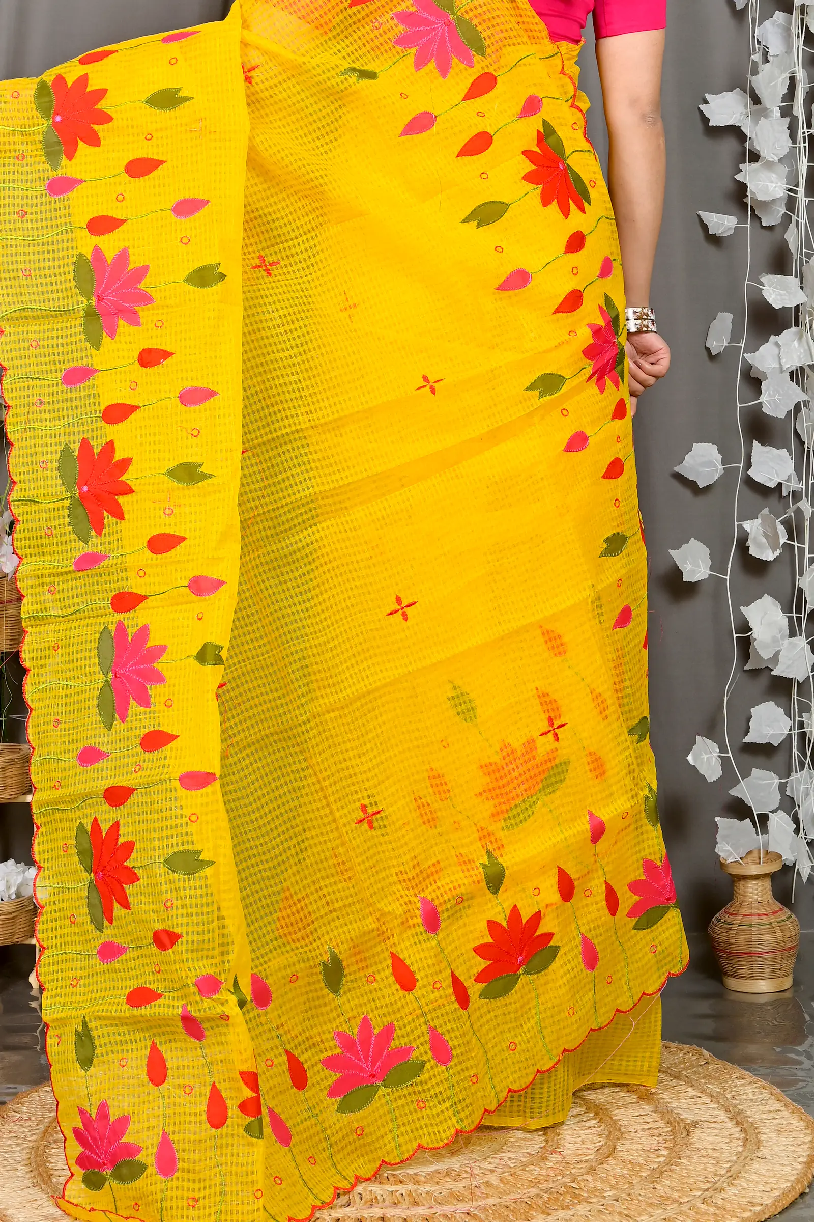 Yellow Kota Cotton Parva Applique Saree (566)